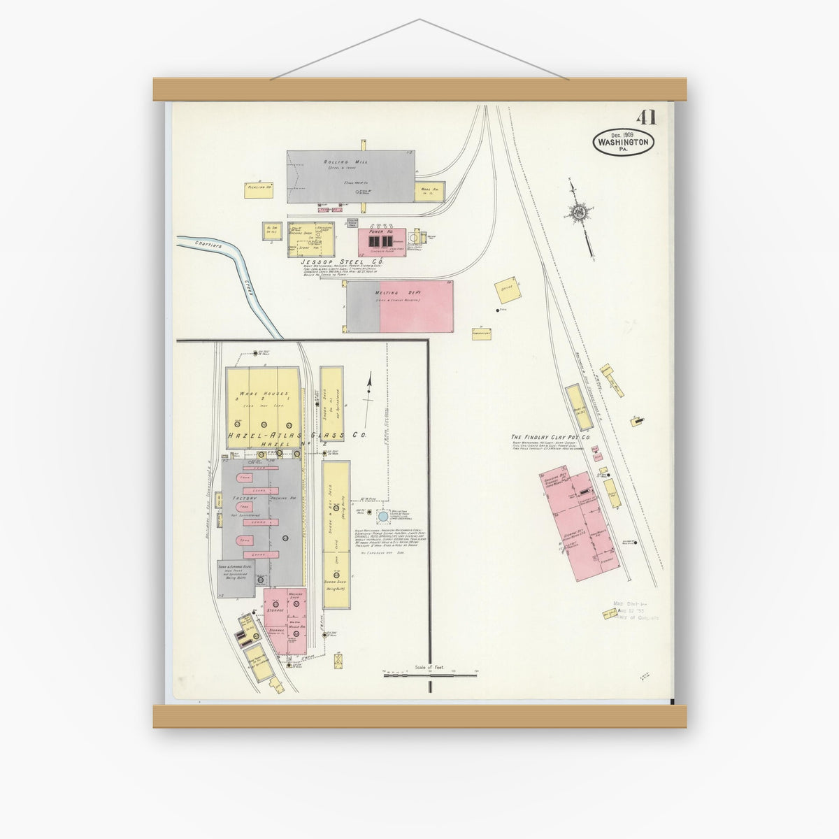 Old map wall art mockup — magnetic wood frame on white wall — Sanborn Fire Insurance Map from Washington, Washington County, Pennsylvania (1909), Sheet #0041