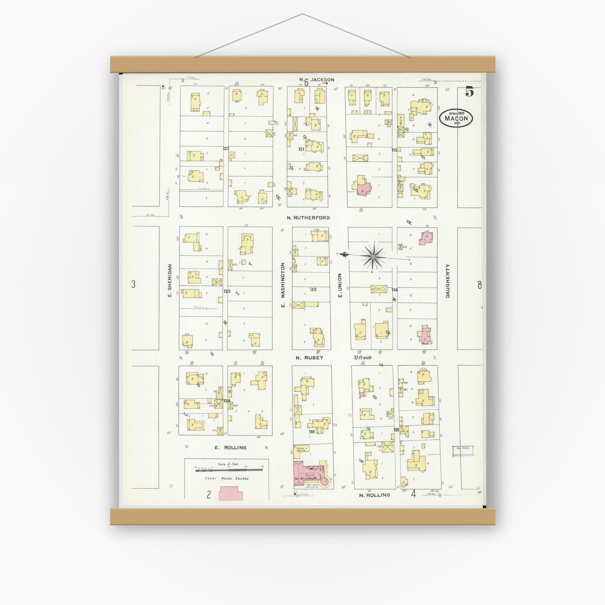 Old map wall art mockup — magnetic wood frame on white wall — Sanborn Fire Insurance Map from Macon, Macon County, Missouri (1909), Sheet #0005