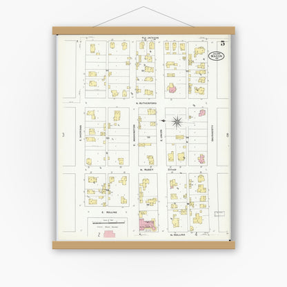 Old map wall art mockup — magnetic wood frame on white wall — Sanborn Fire Insurance Map from Macon, Macon County, Missouri (1909), Sheet #0005