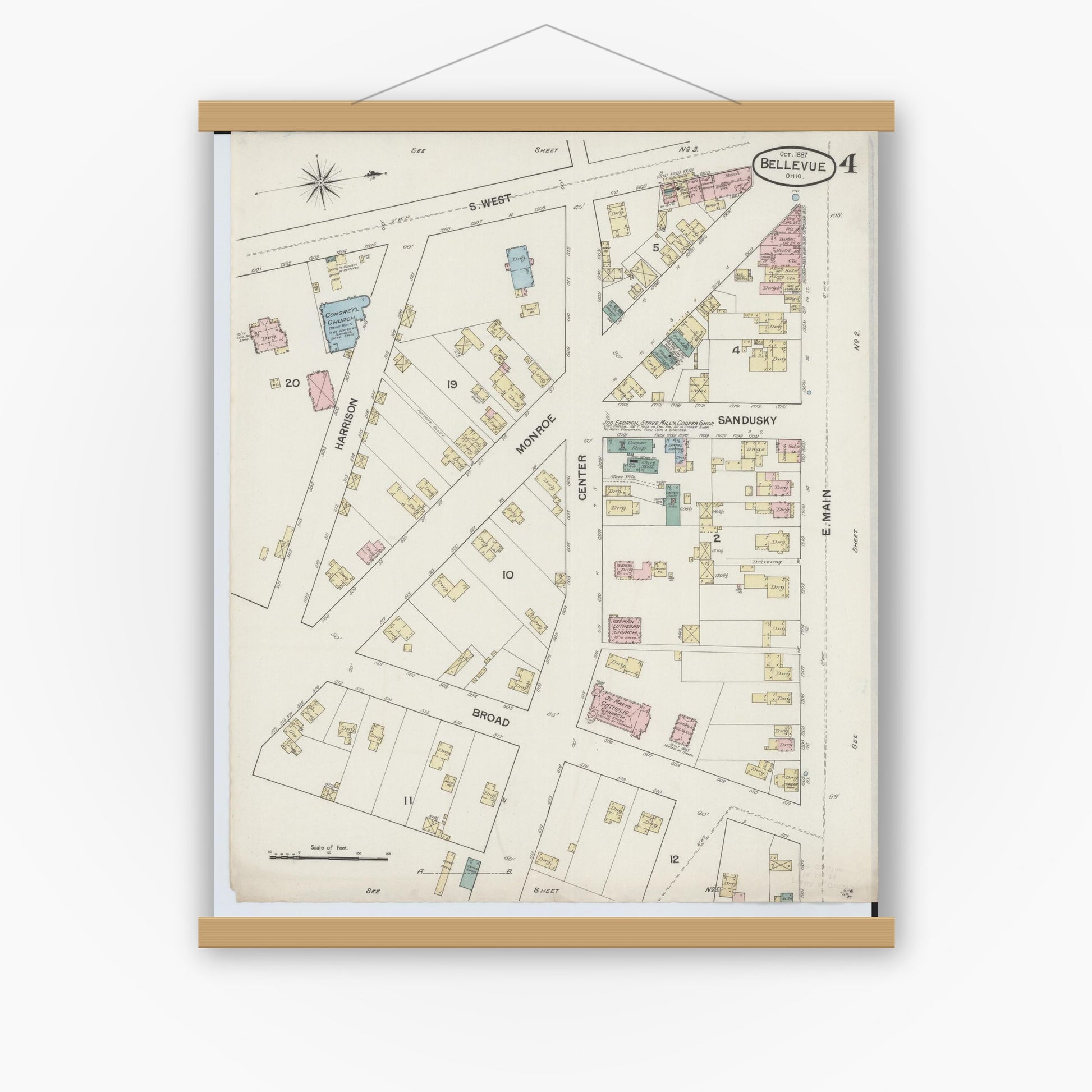 Old map wall art mockup — magnetic wood frame on white wall — Sanborn Fire Insurance Map from Bellevue, Huron And Sandusky County, Ohio (1887), Sheet #0004