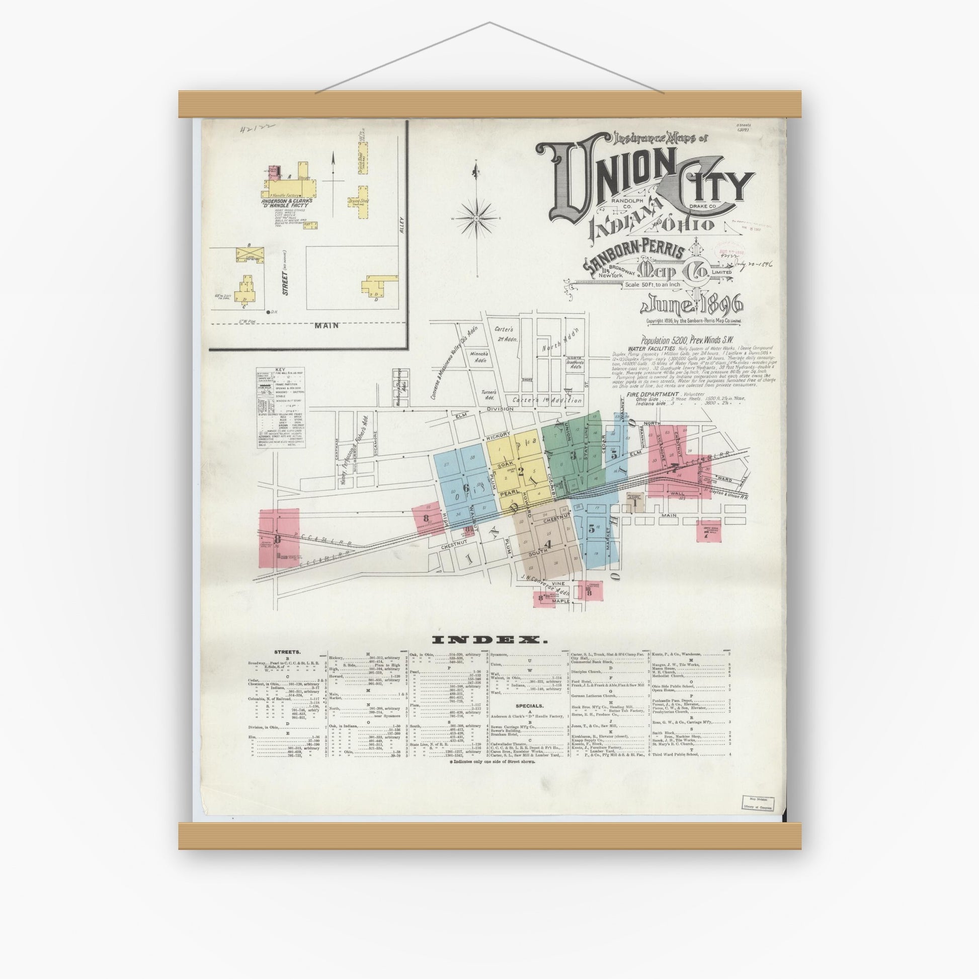 Old map wall art mockup — magnetic wood frame on white wall — Sanborn Fire Insurance Map from Union City, Randolph County, Indiana (1896) - Complete Map Set