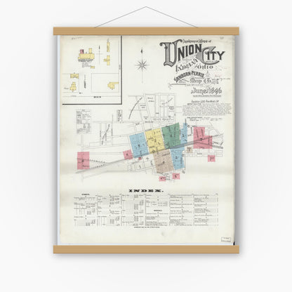 Old map wall art mockup — magnetic wood frame on white wall — Sanborn Fire Insurance Map from Union City, Randolph County, Indiana (1896) - Complete Map Set