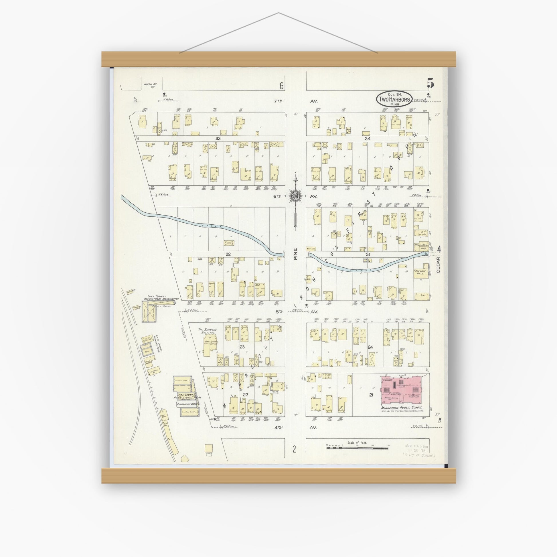 Old map wall art mockup — magnetic wood frame on white wall — Sanborn Fire Insurance Map from Two Harbors, Lake County, Minnesota (1914), Sheet #0005