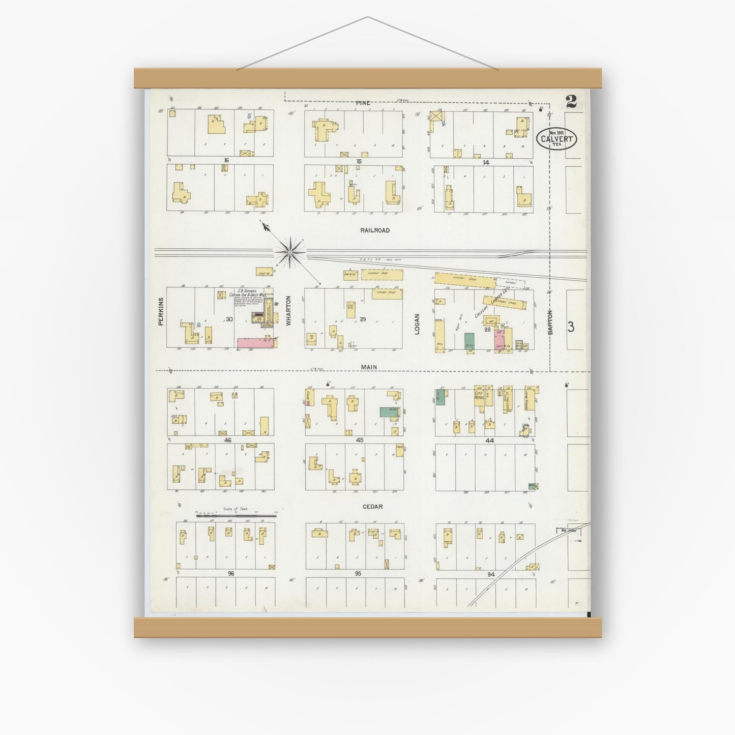 Old map wall art mockup — magnetic wood frame on white wall — Sanborn Fire Insurance Map from Calvert, Robertson County, Texas (1901), Sheet #0002