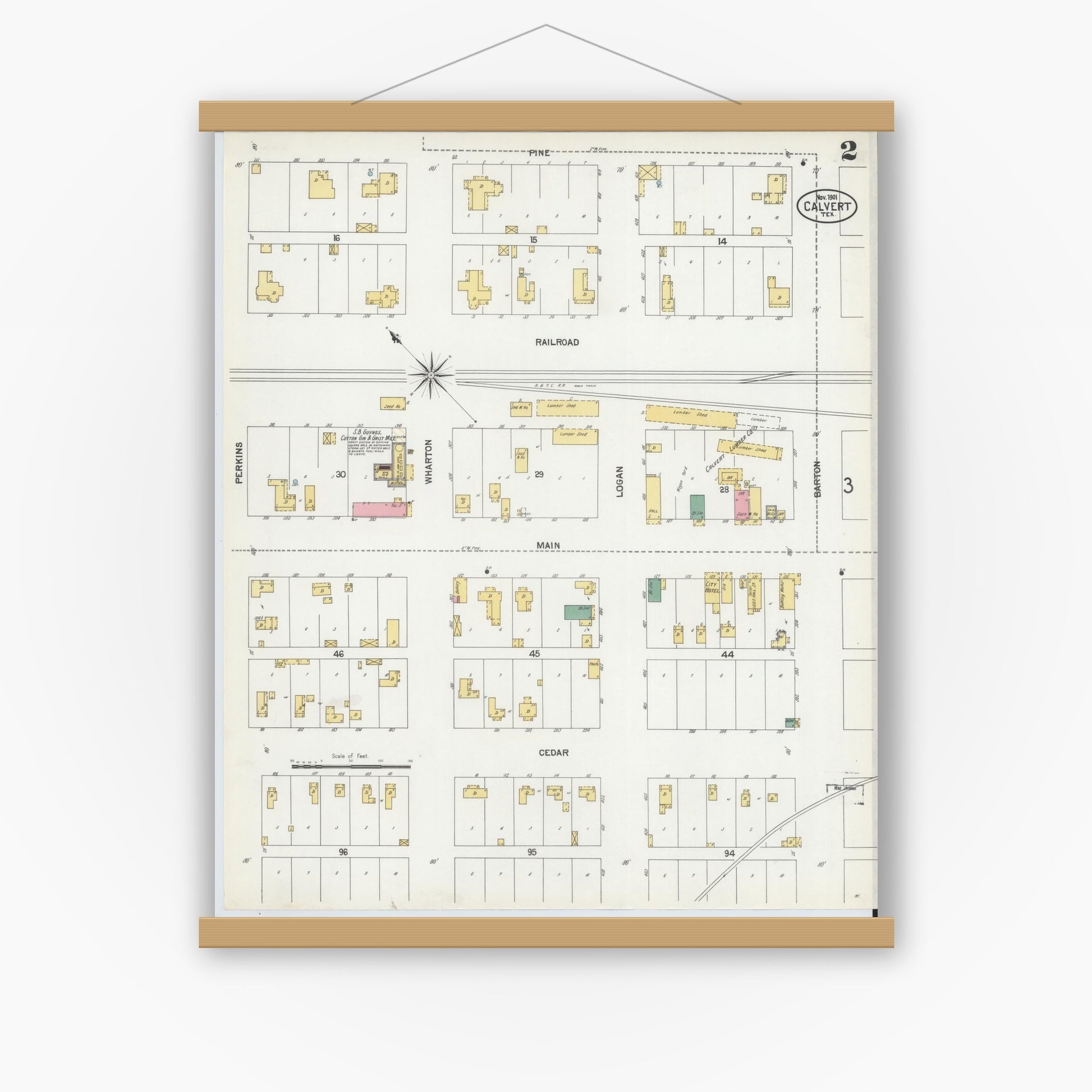 Old map wall art mockup — magnetic wood frame on white wall — Sanborn Fire Insurance Map from Calvert, Robertson County, Texas (1901), Sheet #0002