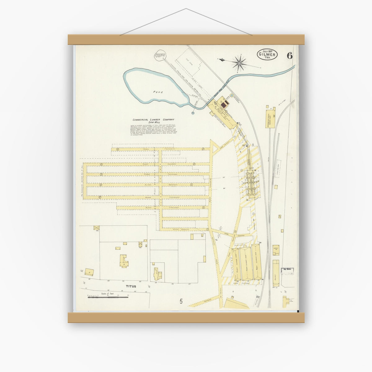 Old map wall art mockup — magnetic wood frame on white wall — Sanborn Fire Insurance Map from Gilmer, Upshur County, Texas (1907), Sheet #0006