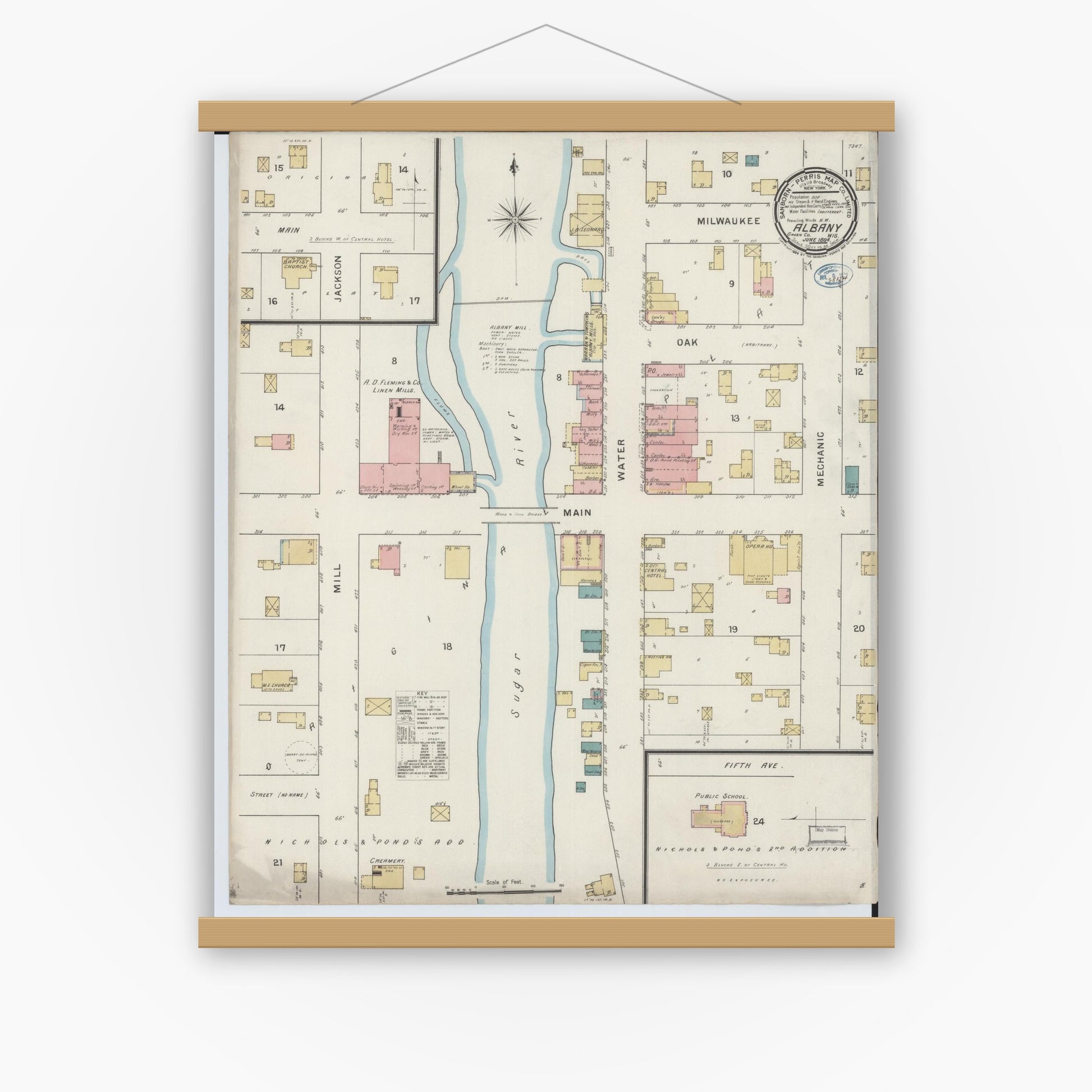 Old map wall art mockup — magnetic wood frame on white wall — Sanborn Fire Insurance Map from Albany, Green County, Wisconsin (1894), Sheet #0001