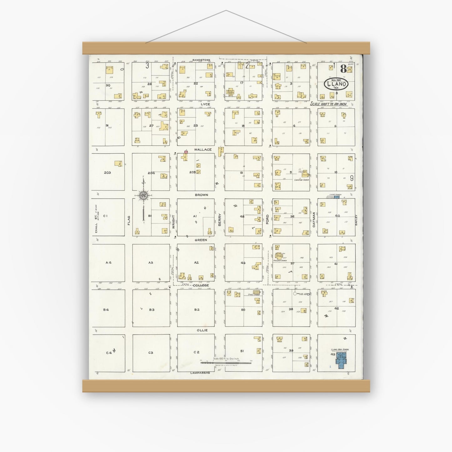 Old map wall art mockup — magnetic wood frame on white wall — Sanborn Fire Insurance Map from Llano, Llano County, Texas (1921), Sheet #0008