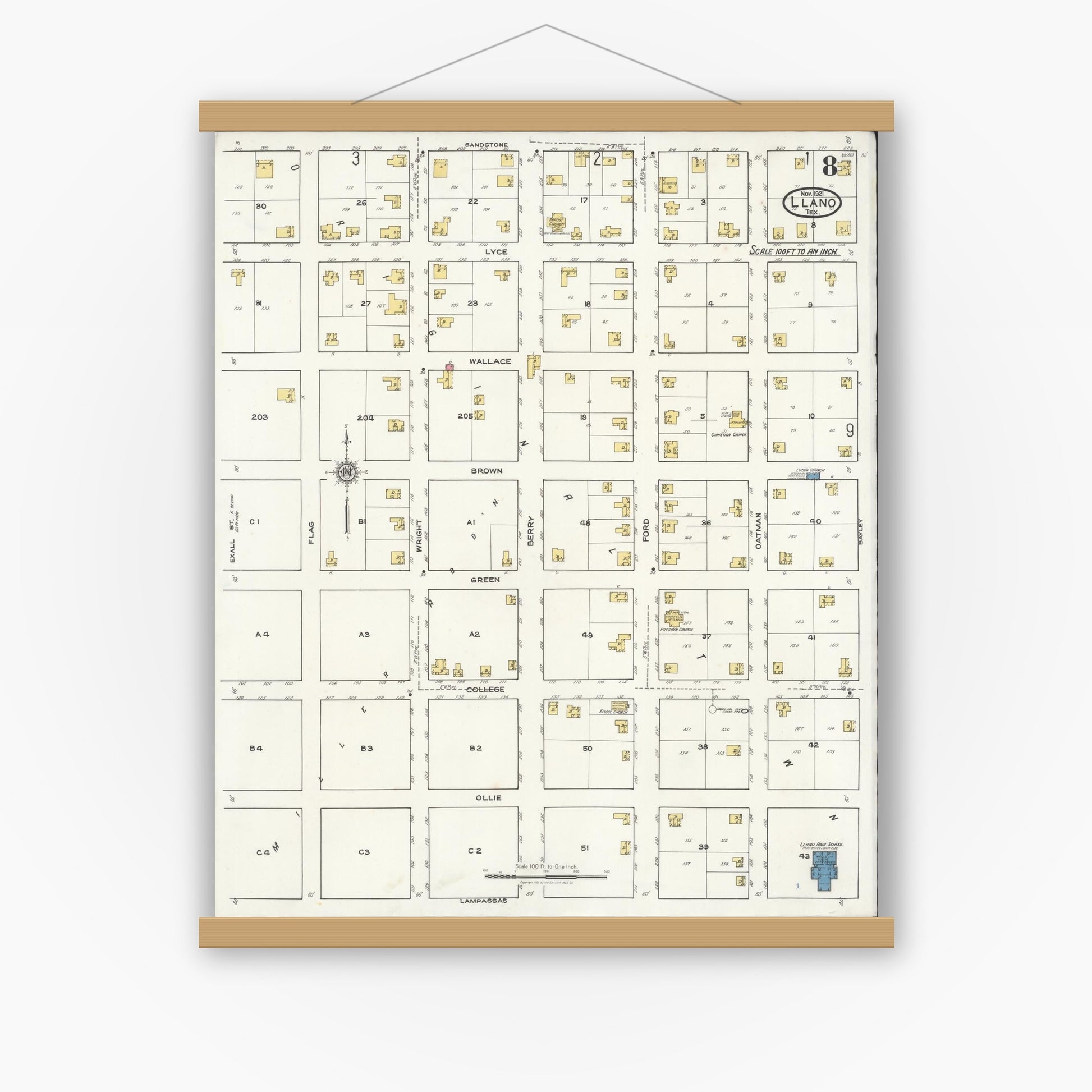 Old map wall art mockup — magnetic wood frame on white wall — Sanborn Fire Insurance Map from Llano, Llano County, Texas (1921), Sheet #0008