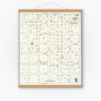 Old map wall art mockup — magnetic wood frame on white wall — Sanborn Fire Insurance Map from Llano, Llano County, Texas (1921), Sheet #0008