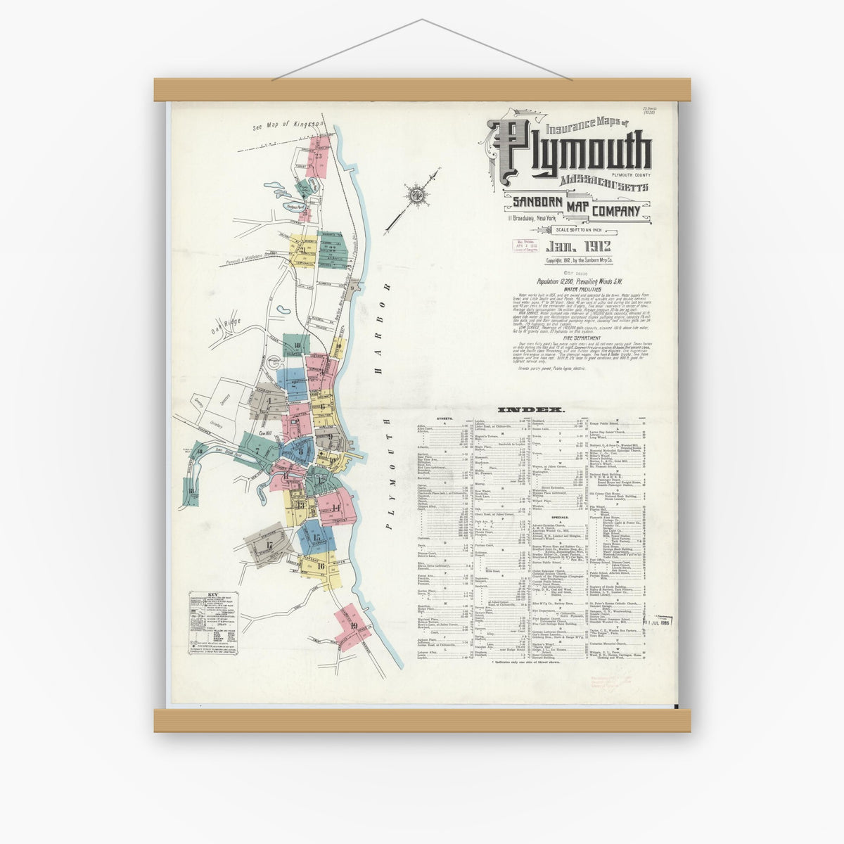 Old map wall art mockup — magnetic wood frame on white wall — Sanborn Fire Insurance Map from Plymouth, Plymouth County, Massachusetts (1912), Sheet #0001