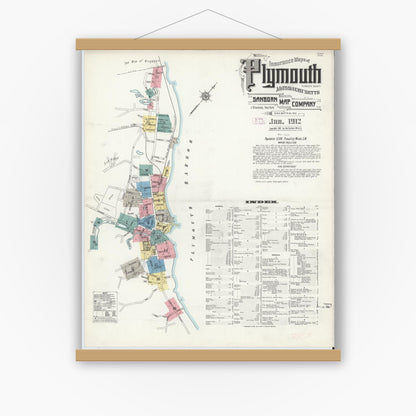 Old map wall art mockup — magnetic wood frame on white wall — Sanborn Fire Insurance Map from Plymouth, Plymouth County, Massachusetts (1912), Sheet #0001