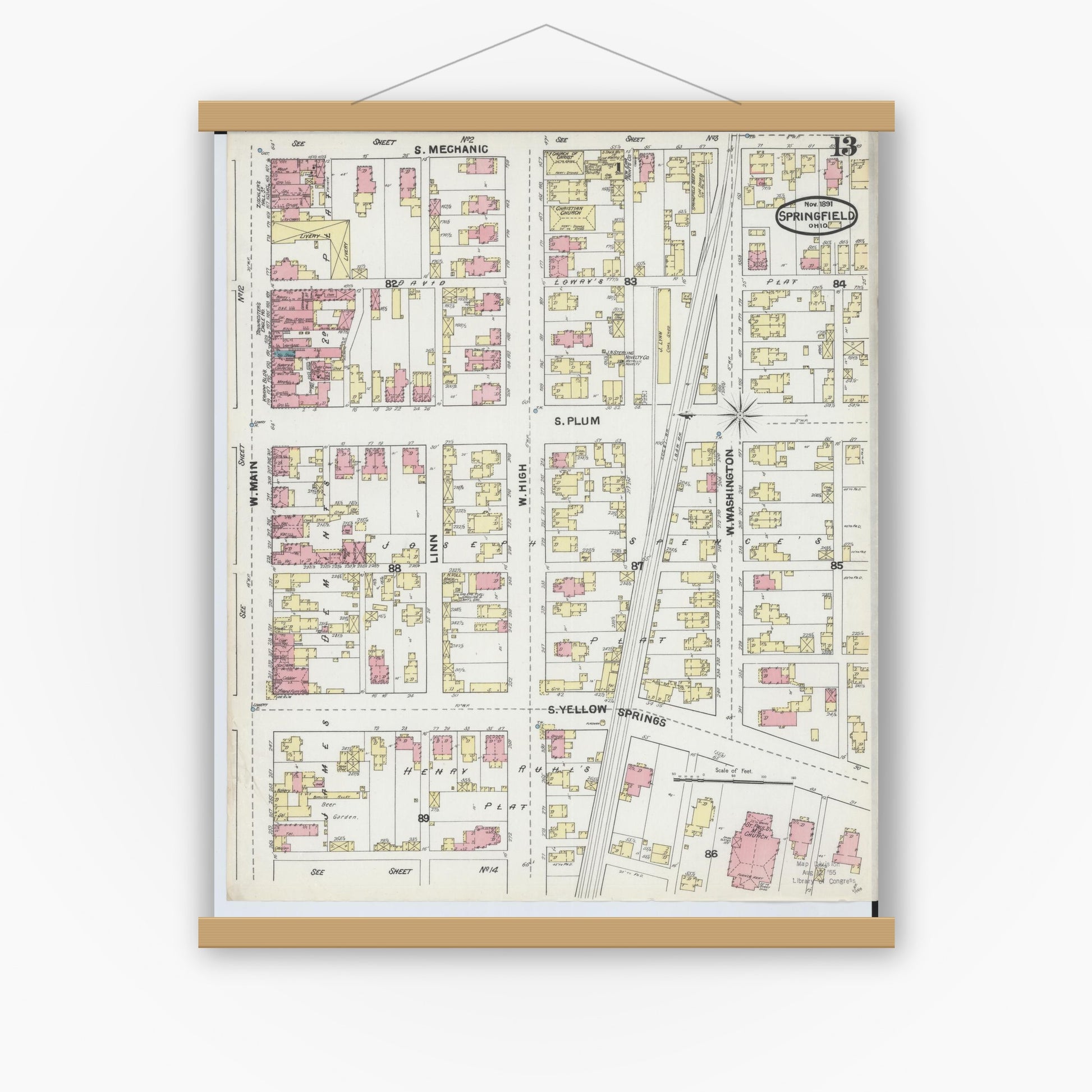 Old map wall art mockup — magnetic wood frame on white wall — Sanborn Fire Insurance Map from Springfield, Clark County, Ohio (1891), Sheet #0013