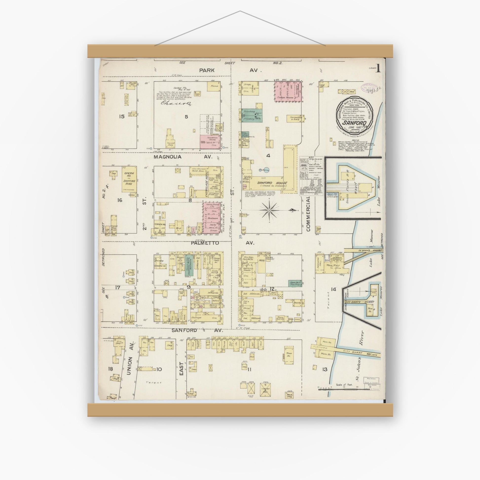 Old map wall art mockup — magnetic wood frame on white wall — Sanborn Fire Insurance Map from Sanford, Seminole County, Florida (1887), Sheet #0001