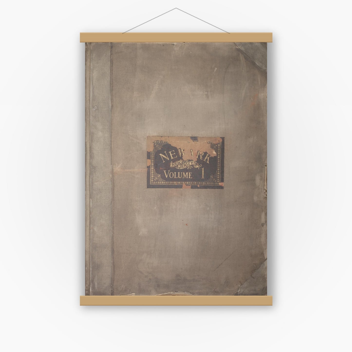 Old map wall art mockup — magnetic wood frame on white wall — Sanborn Fire Insurance Map from Newark, Essex County, New Jersey (1929), Sheet #0001