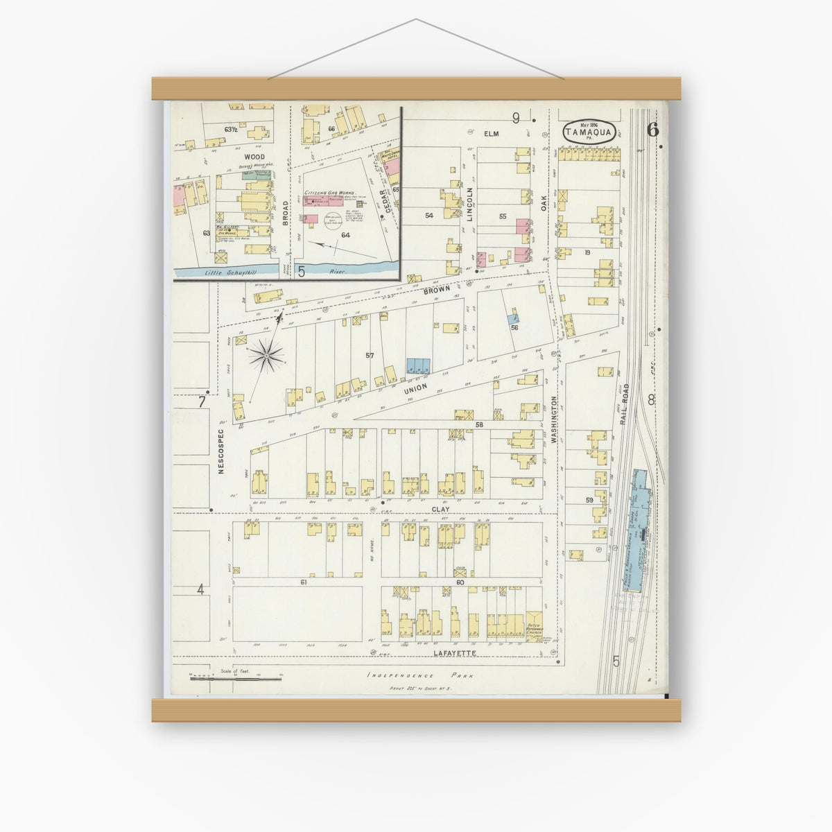 Old map wall art mockup — magnetic wood frame on white wall — Sanborn Fire Insurance Map from Tamaqua, Schuylkill County, Pennsylvania (1896), Sheet #0006