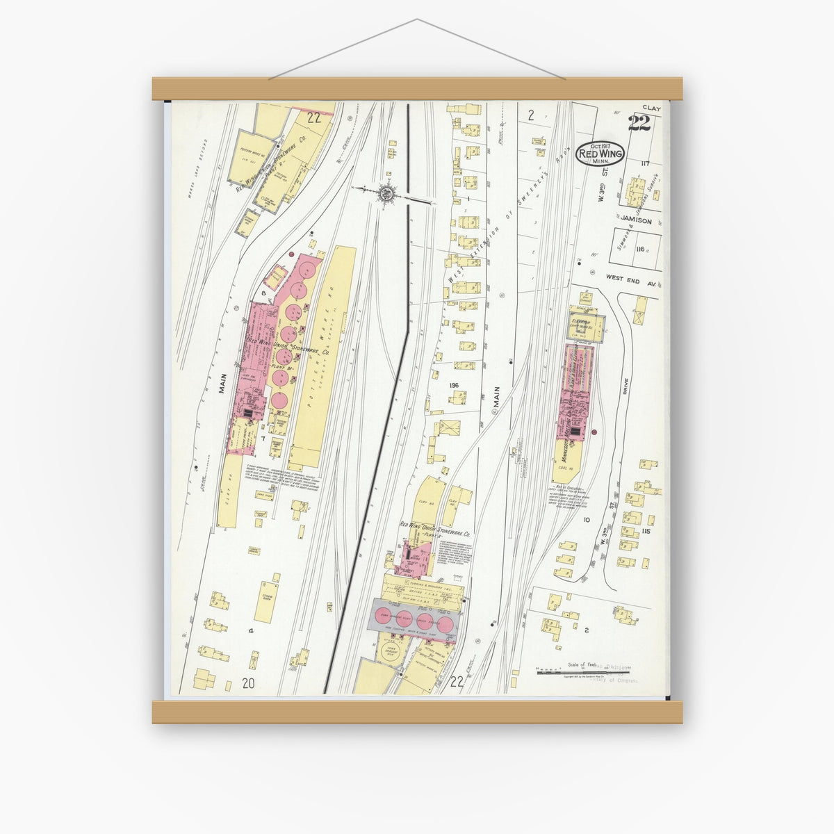 Old map wall art mockup — magnetic wood frame on white wall — Sanborn Fire Insurance Map from Red Wing, Goodhue County, Minnesota (1917), Sheet #0022