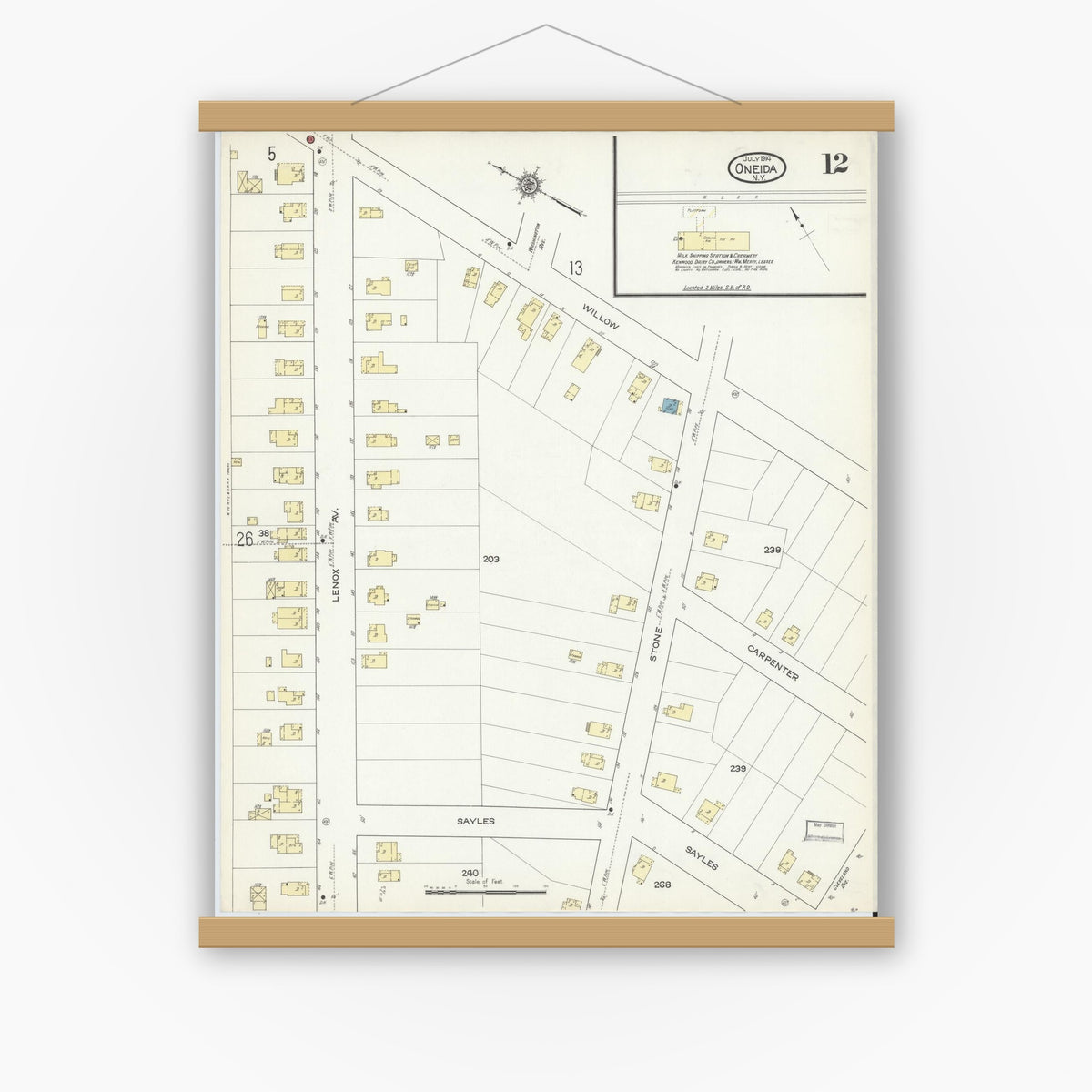 Old map wall art mockup — magnetic wood frame on white wall — Sanborn Fire Insurance Map from Oneida, Madison County, New York (1914), Sheet #0012