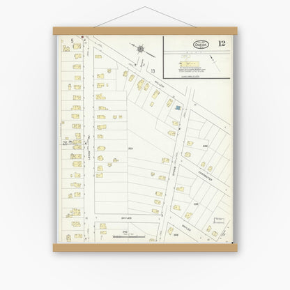 Old map wall art mockup — magnetic wood frame on white wall — Sanborn Fire Insurance Map from Oneida, Madison County, New York (1914), Sheet #0012