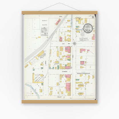 Old map wall art mockup — magnetic wood frame on white wall — Sanborn Fire Insurance Map from Tiskilwa, Bureau County, Illinois (1901), Sheet #0001