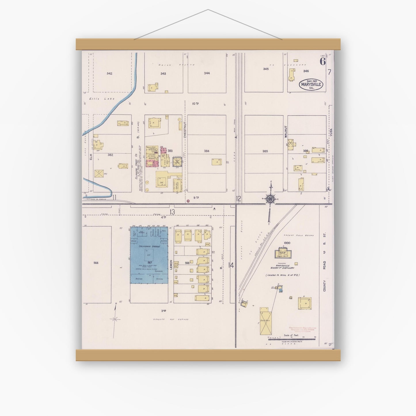 Old map wall art mockup — magnetic wood frame on white wall — Sanborn Fire Insurance Map from Marysville, Yuba County, California (1921), Sheet #0006