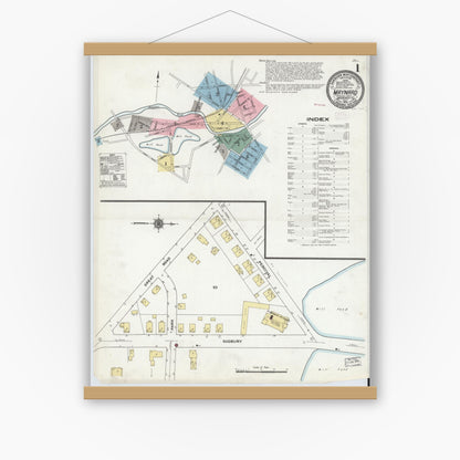 Old map wall art mockup — magnetic wood frame on white wall — Sanborn Fire Insurance Map from Maynard, Middlesex County, Massachusetts (1910), Sheet #0001