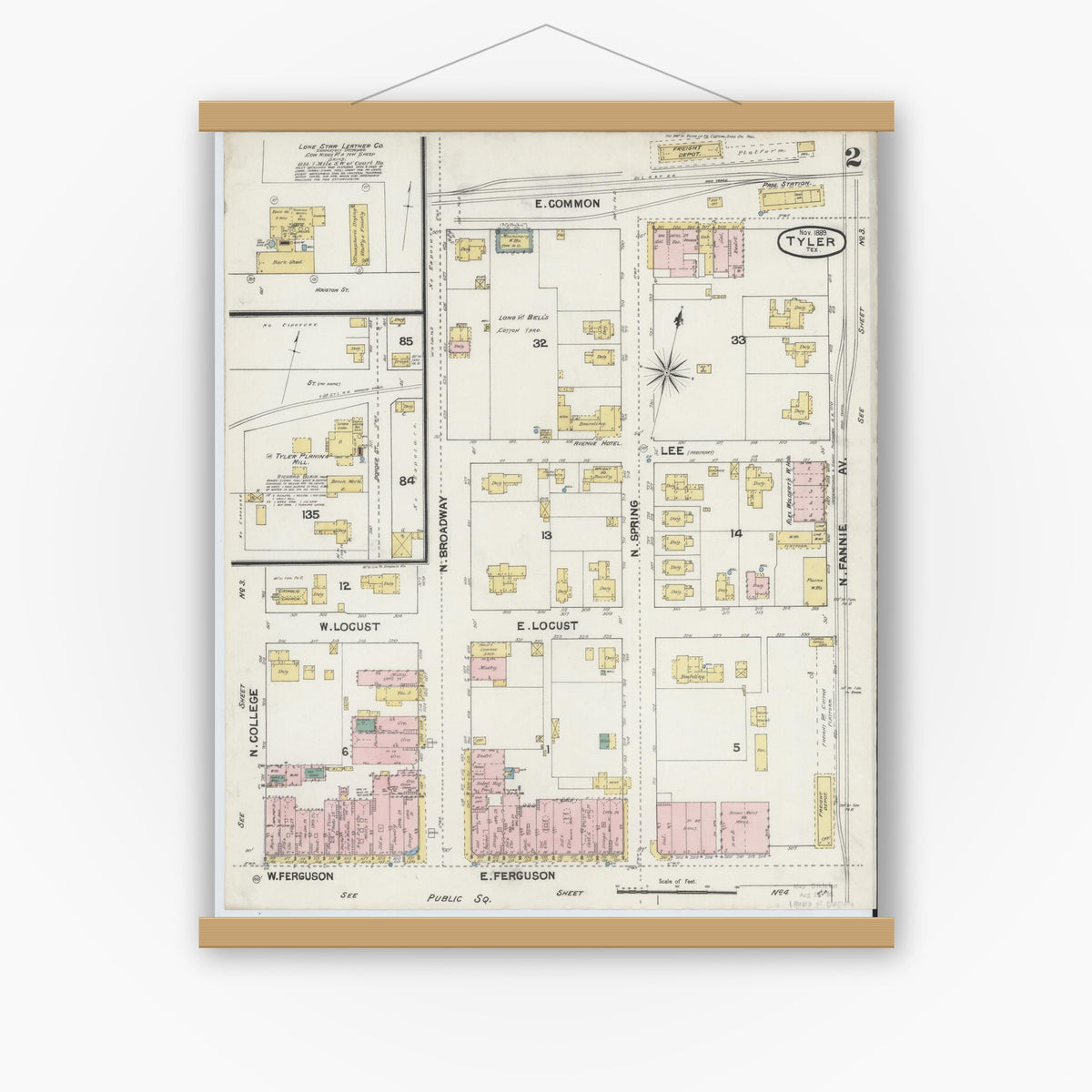 Old map wall art mockup — magnetic wood frame on white wall — Sanborn Fire Insurance Map from Tyler, Smith County, Texas (1889), Sheet #0002