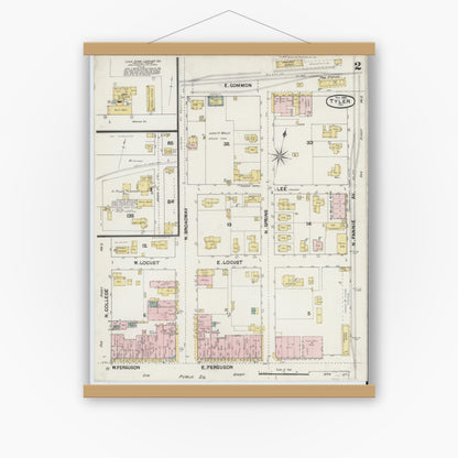 Old map wall art mockup — magnetic wood frame on white wall — Sanborn Fire Insurance Map from Tyler, Smith County, Texas (1889), Sheet #0002