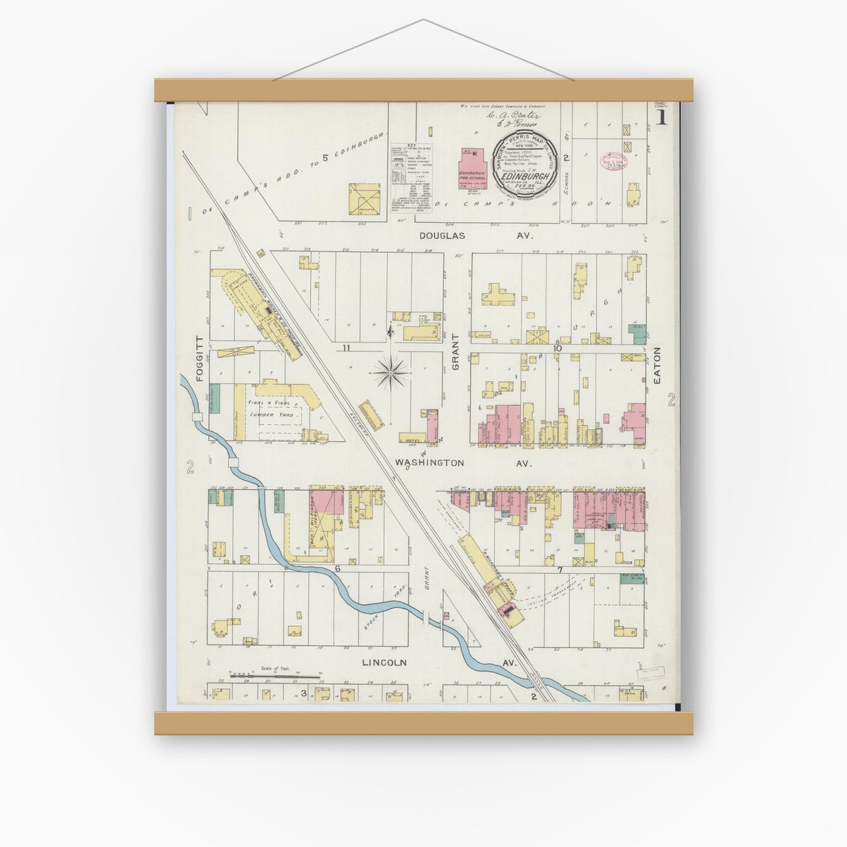 Old map wall art mockup — magnetic wood frame on white wall — Sanborn Fire Insurance Map from Edinburgh, Christian County, Illinois (1894) - Complete Map Set