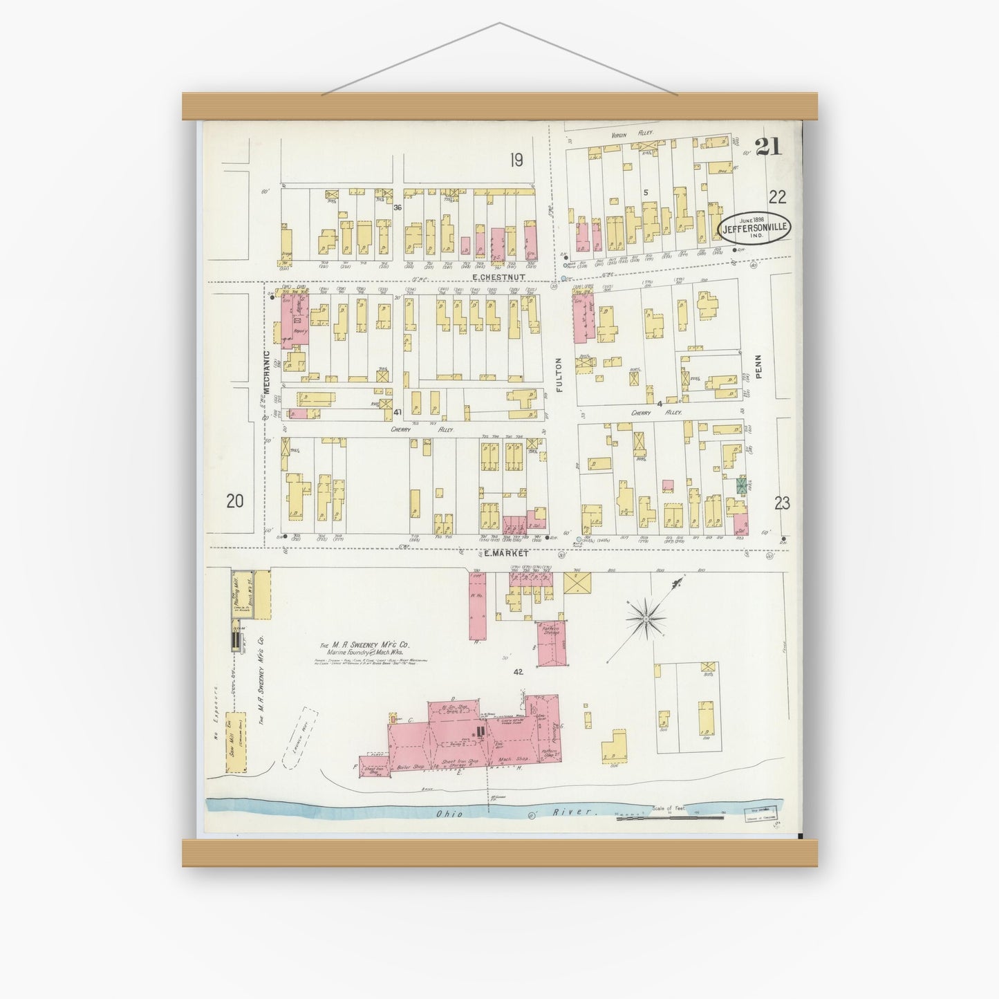 Old map wall art mockup — magnetic wood frame on white wall — Sanborn Fire Insurance Map from Jeffersonville, Clark County, Indiana (1898), Sheet #0021