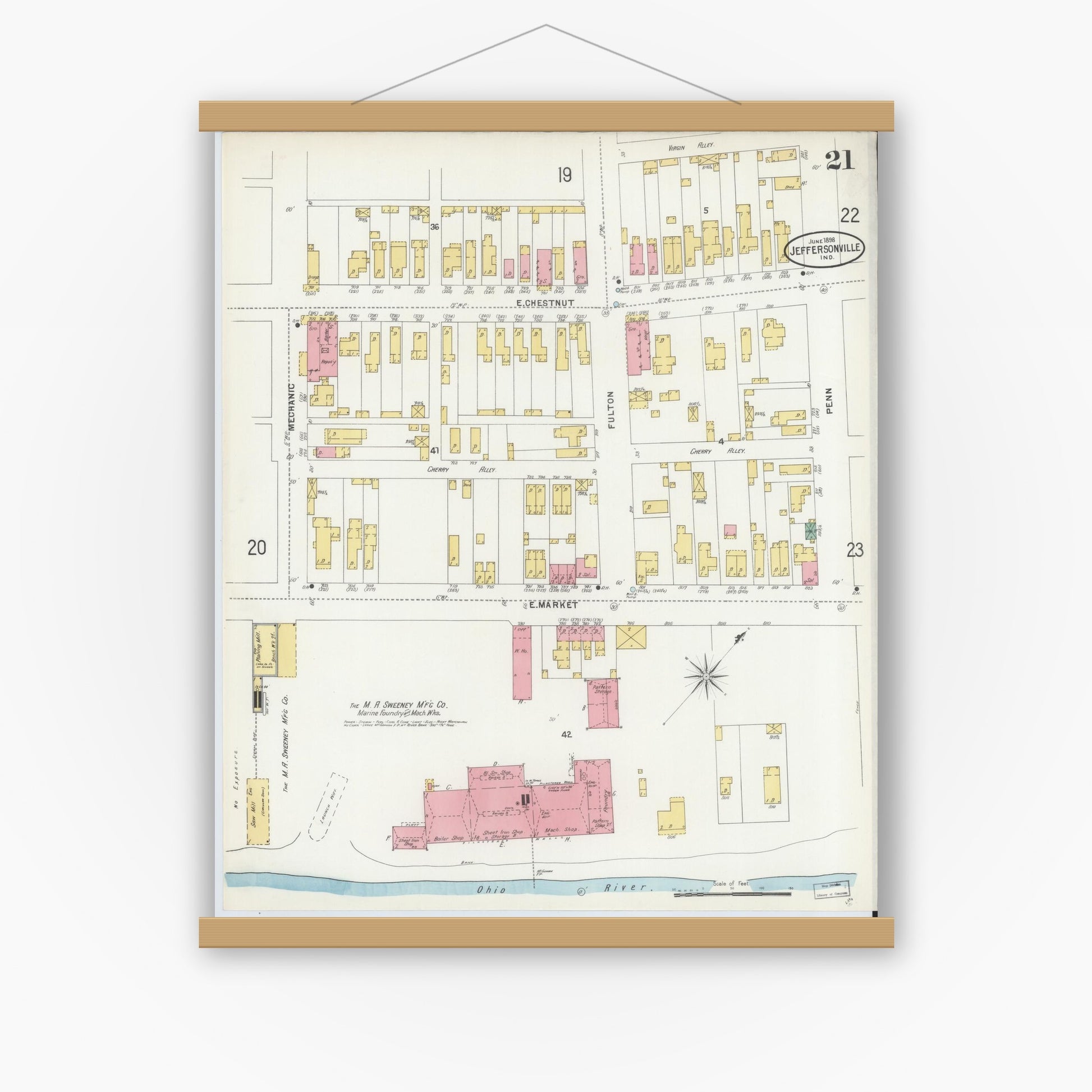 Old map wall art mockup — magnetic wood frame on white wall — Sanborn Fire Insurance Map from Jeffersonville, Clark County, Indiana (1898), Sheet #0021