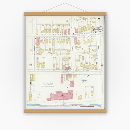 Old map wall art mockup — magnetic wood frame on white wall — Sanborn Fire Insurance Map from Jeffersonville, Clark County, Indiana (1898), Sheet #0021