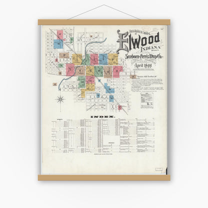 Old map wall art mockup — magnetic wood frame on white wall — Sanborn Fire Insurance Map from Elwood, Madison County, Indiana (1899), Sheet #0001