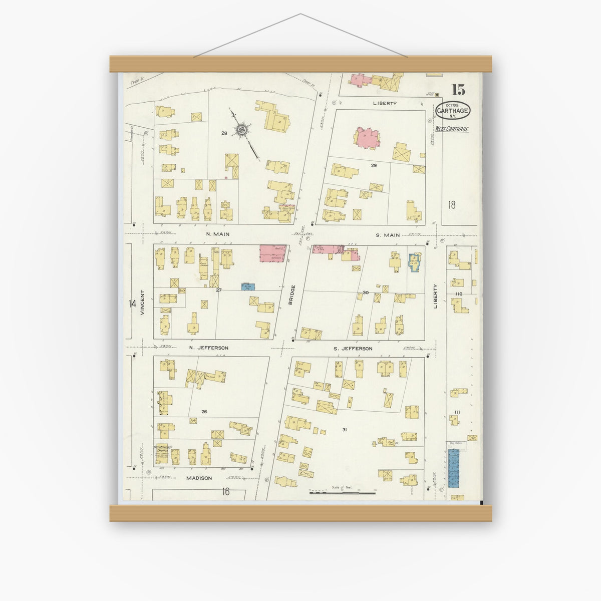 Old map wall art mockup — magnetic wood frame on white wall — Sanborn Fire Insurance Map from Carthage, Jefferson County, New York (1915), Sheet #0015