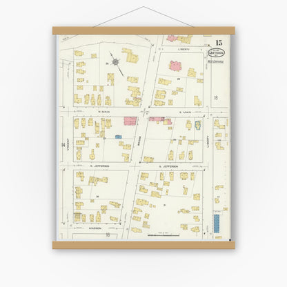 Old map wall art mockup — magnetic wood frame on white wall — Sanborn Fire Insurance Map from Carthage, Jefferson County, New York (1915), Sheet #0015