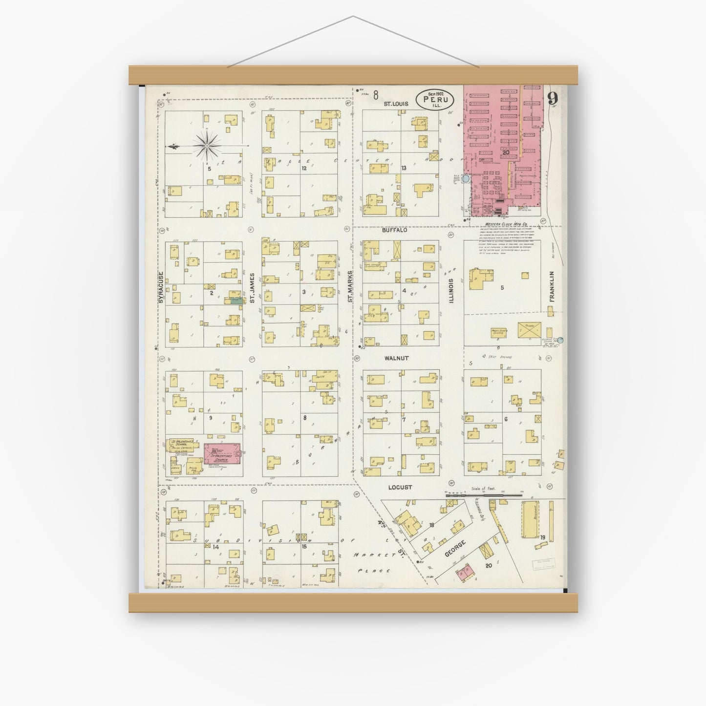 Old map wall art mockup — magnetic wood frame on white wall — Sanborn Fire Insurance Map from Peru, La Salle County, Illinois (1902), Sheet #0009