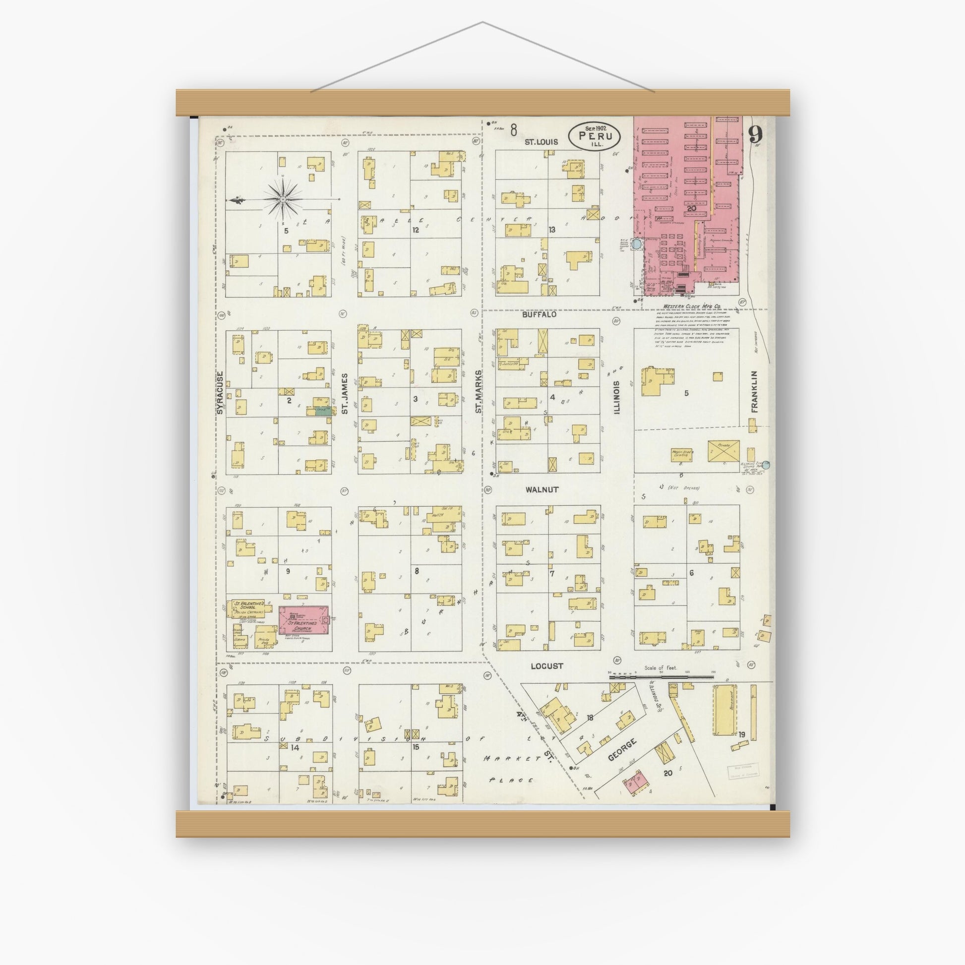 Old map wall art mockup — magnetic wood frame on white wall — Sanborn Fire Insurance Map from Peru, La Salle County, Illinois (1902), Sheet #0009