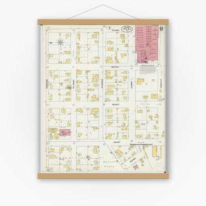 Old map wall art mockup — magnetic wood frame on white wall — Sanborn Fire Insurance Map from Peru, La Salle County, Illinois (1902), Sheet #0009