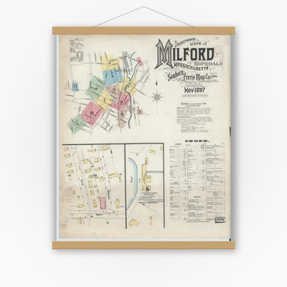 Old map wall art mockup — magnetic wood frame on white wall — Sanborn Fire Insurance Map from Milford, Worcester County, Massachusetts (1897) - Complete Map Set