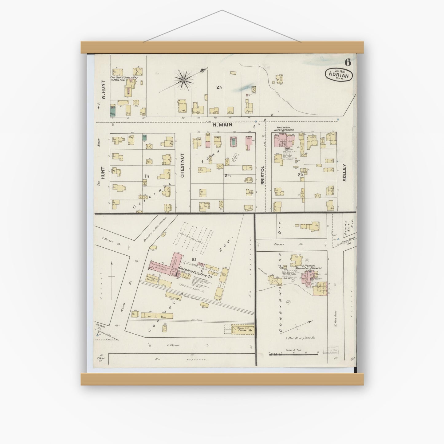 Old map wall art mockup — magnetic wood frame on white wall — Sanborn Fire Insurance Map from Adrian, Lenawee County, Michigan (1888), Sheet #0006