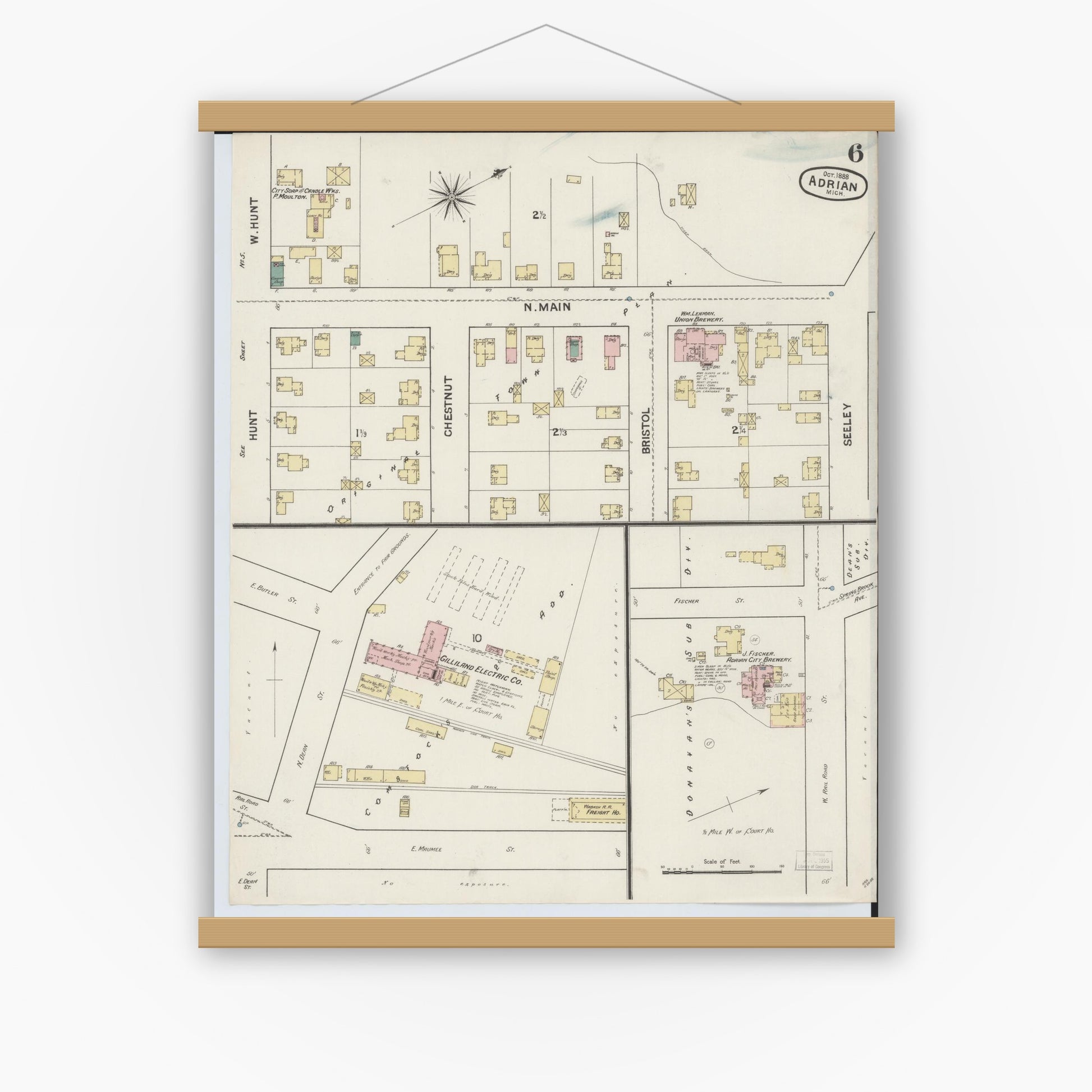 Old map wall art mockup — magnetic wood frame on white wall — Sanborn Fire Insurance Map from Adrian, Lenawee County, Michigan (1888), Sheet #0006