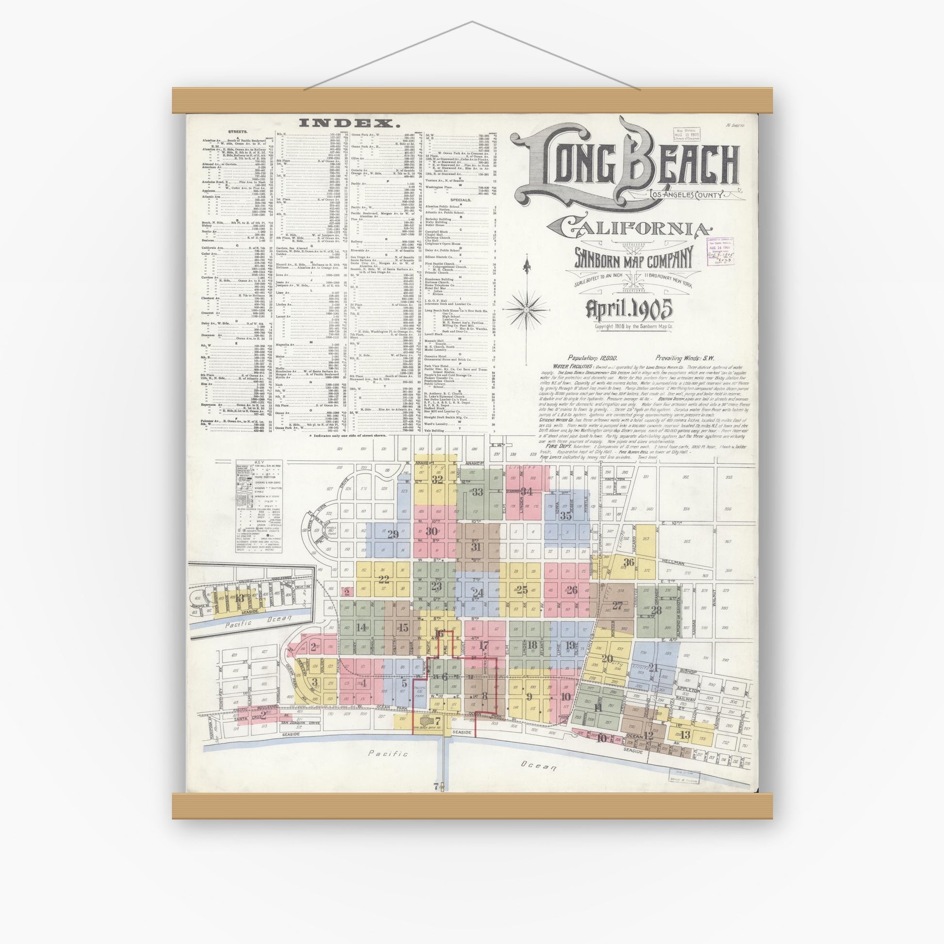 Old map wall art mockup — magnetic wood frame on white wall — Sanborn Fire Insurance Map from Long Beach, Los Angeles County, California (1905) - Complete Map Set