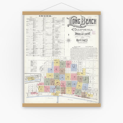 Old map wall art mockup — magnetic wood frame on white wall — Sanborn Fire Insurance Map from Long Beach, Los Angeles County, California (1905) - Complete Map Set