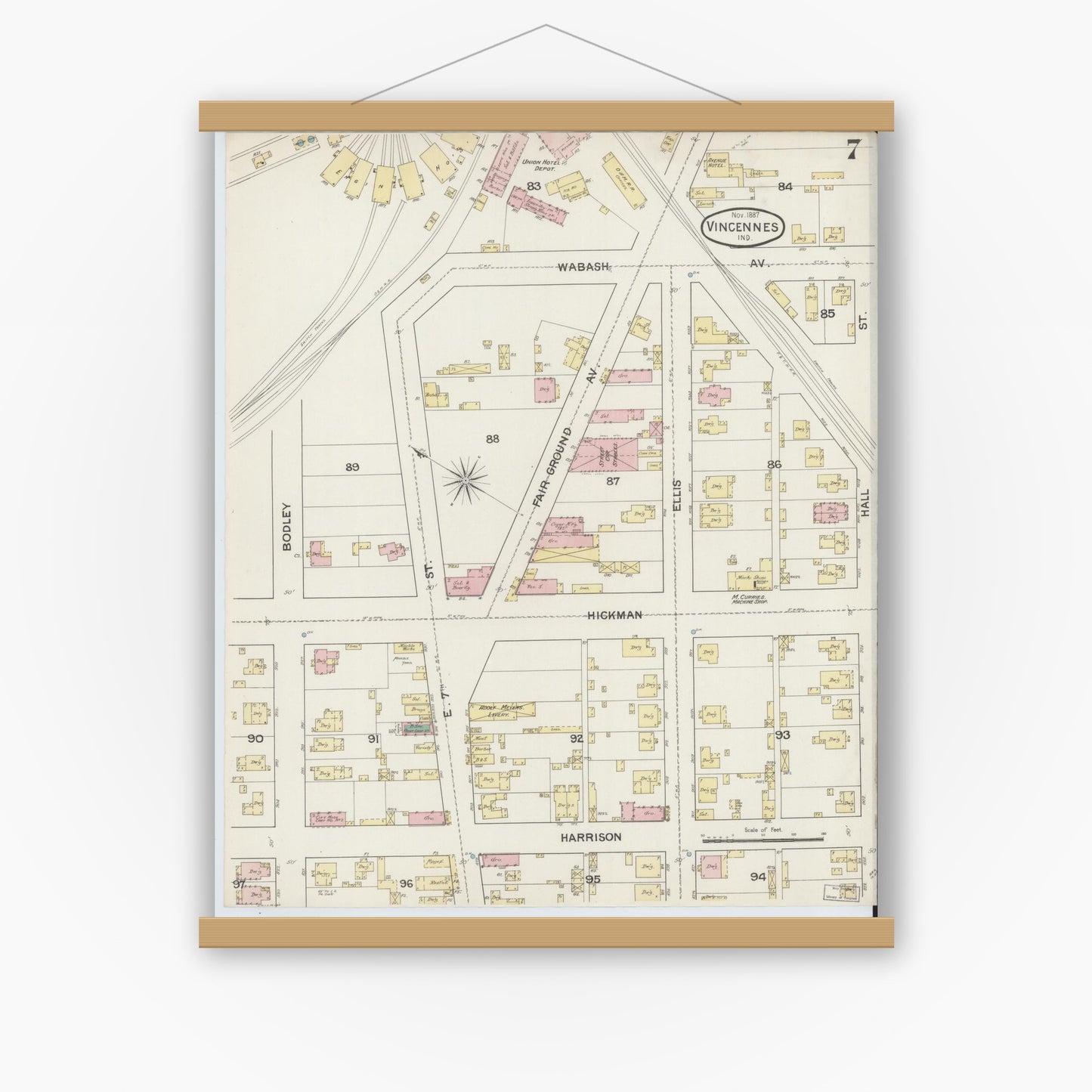 Old map wall art mockup — magnetic wood frame on white wall — Sanborn Fire Insurance Map from Vincennes, Knox County, Indiana (1887), Sheet #0007
