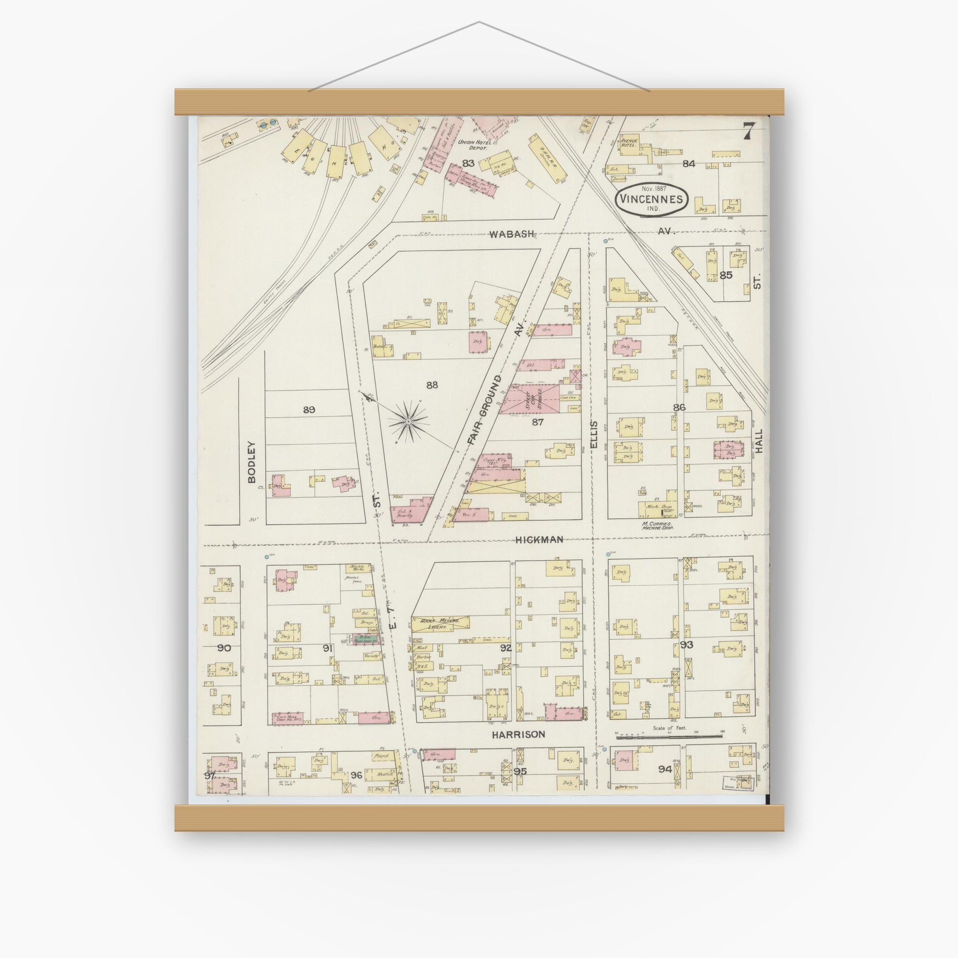 Old map wall art mockup — magnetic wood frame on white wall — Sanborn Fire Insurance Map from Vincennes, Knox County, Indiana (1887), Sheet #0007