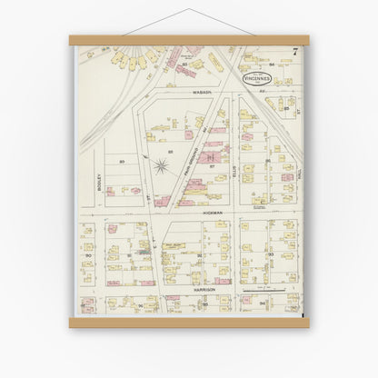 Old map wall art mockup — magnetic wood frame on white wall — Sanborn Fire Insurance Map from Vincennes, Knox County, Indiana (1887), Sheet #0007