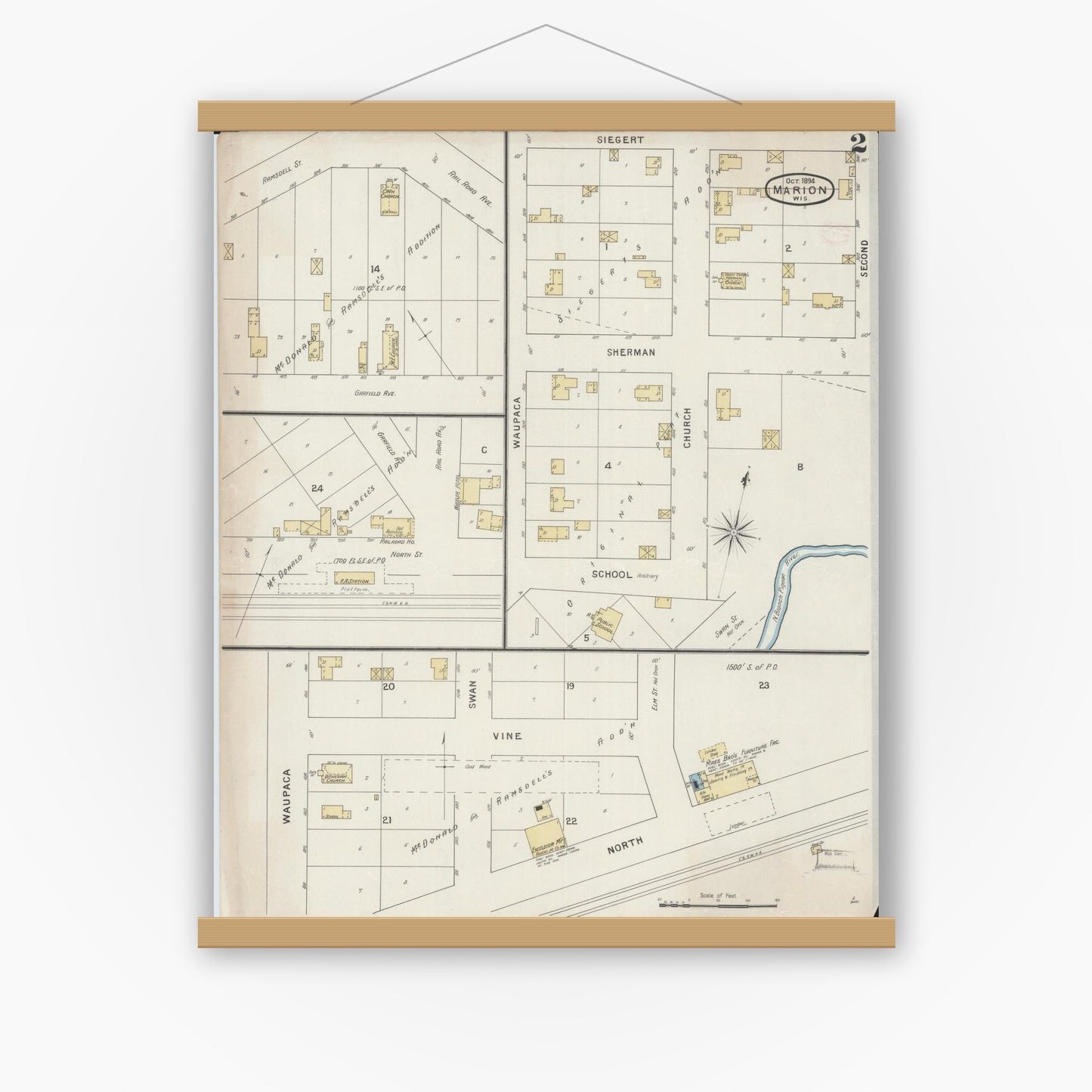 Old map wall art mockup — magnetic wood frame on white wall — Sanborn Fire Insurance Map from Marion, Waupaca County, Wisconsin (1894), Sheet #0002