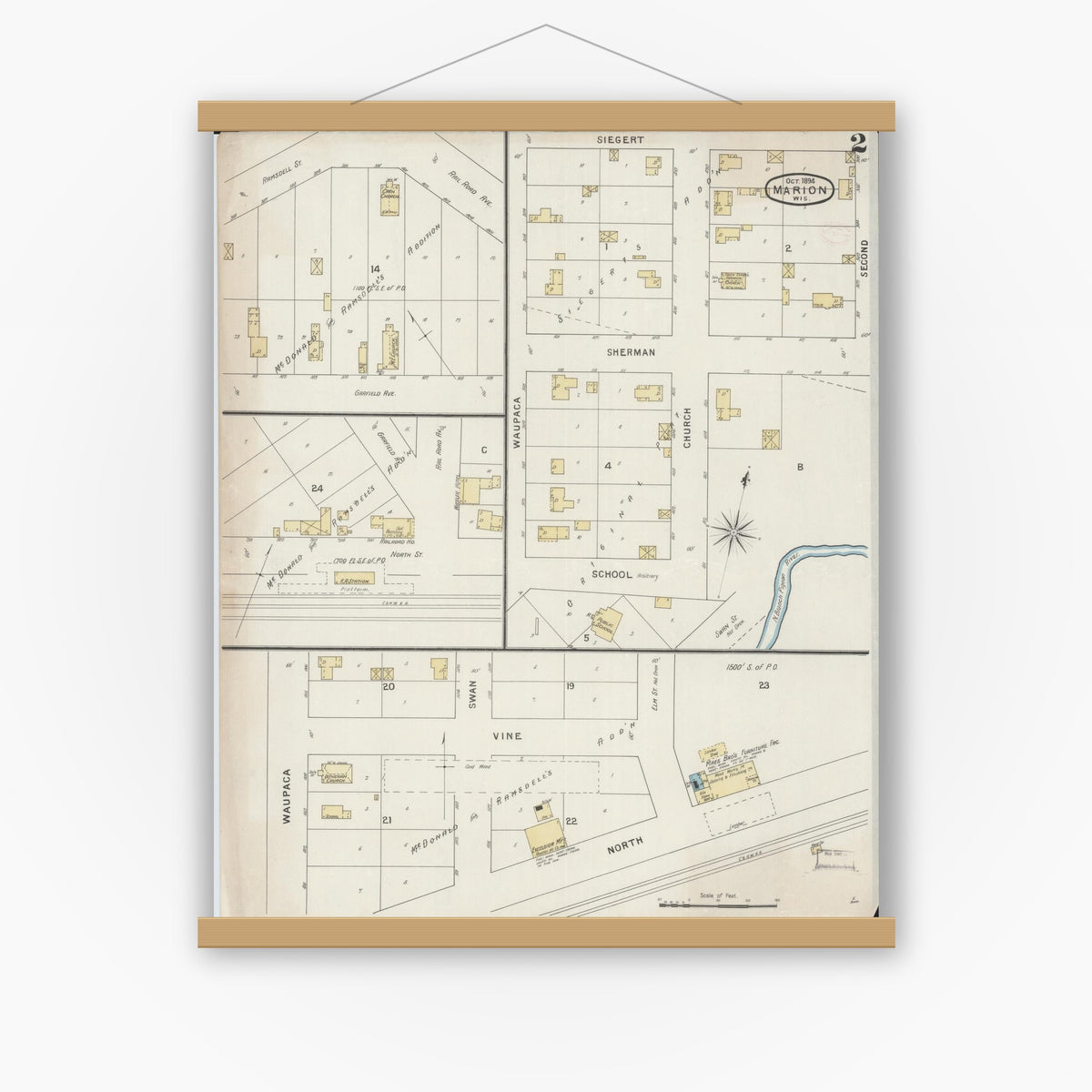 Old map wall art mockup — magnetic wood frame on white wall — Sanborn Fire Insurance Map from Marion, Waupaca County, Wisconsin (1894), Sheet #0002