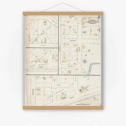 Old map wall art mockup — magnetic wood frame on white wall — Sanborn Fire Insurance Map from Marion, Waupaca County, Wisconsin (1894), Sheet #0002