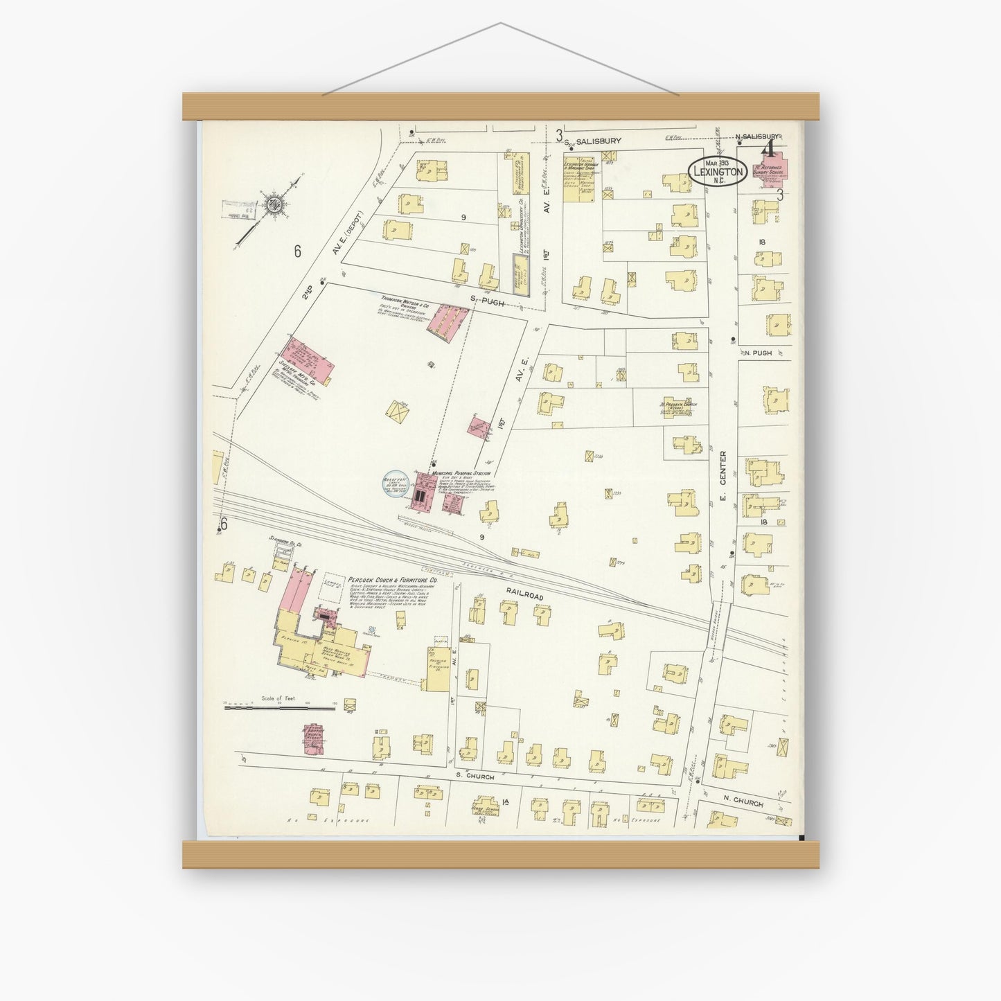Old map wall art mockup — magnetic wood frame on white wall — Sanborn Fire Insurance Map from Lexington, Davidson County, North Carolina (1913), Sheet #0004